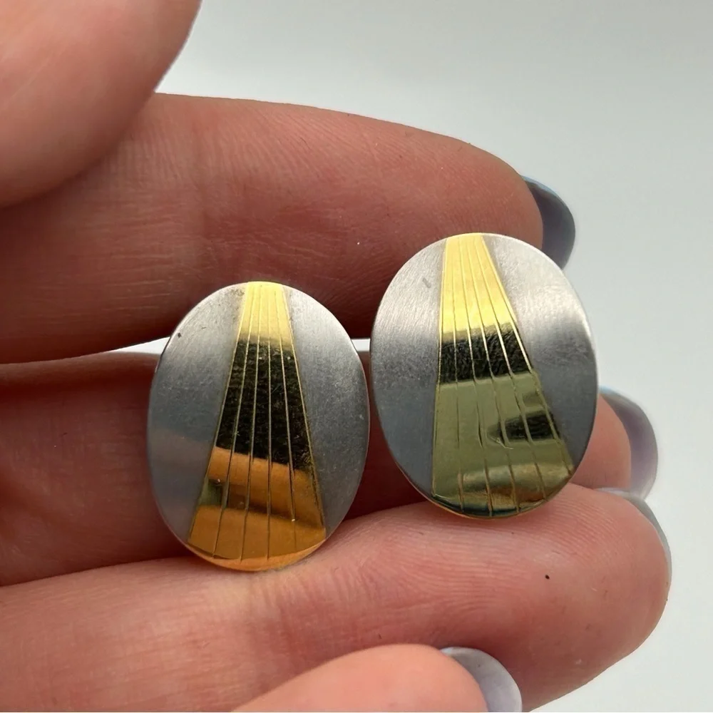 Vintage Napier Silver Tone Gold Striped Clip On Screw Back Earrings